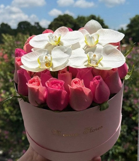 Rosas hermosas con orquídeas en caja circular rosa. EXP