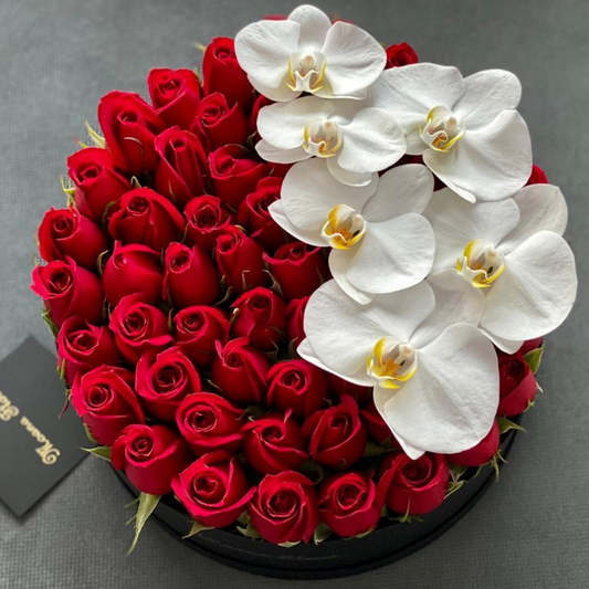 Rosas rojas con orquídeas blancas en caja circular negra.