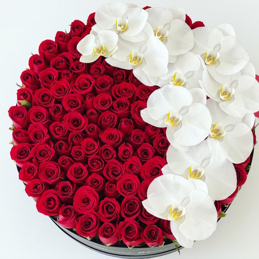 Rosas rojas en caja circular negra con orquídeas.