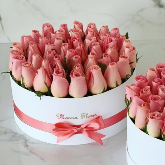 Rosas hermosas en caja circular blanca y listón hermosa.