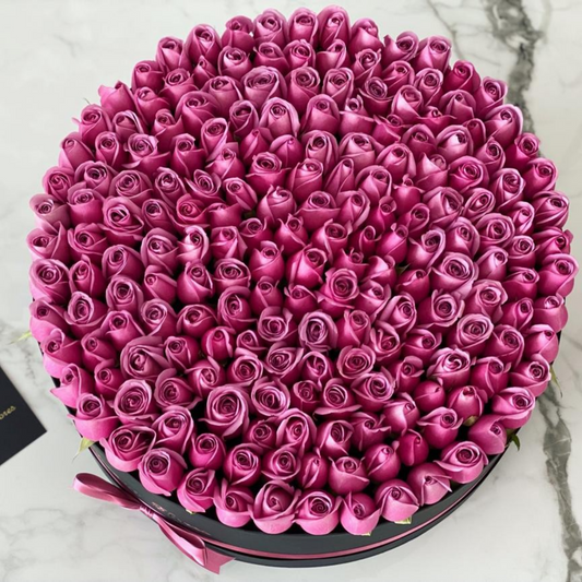 Rosas moradas caja circular negra con listón.