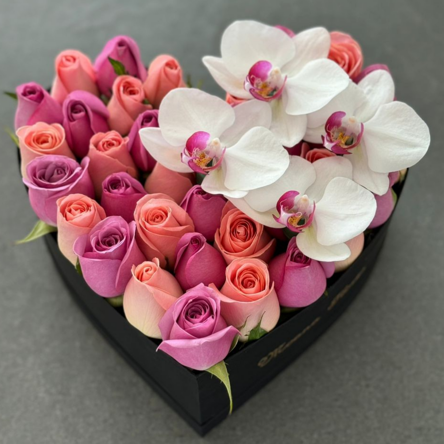 Rosas moradas, rosas hermosas con orquídeas blancas.