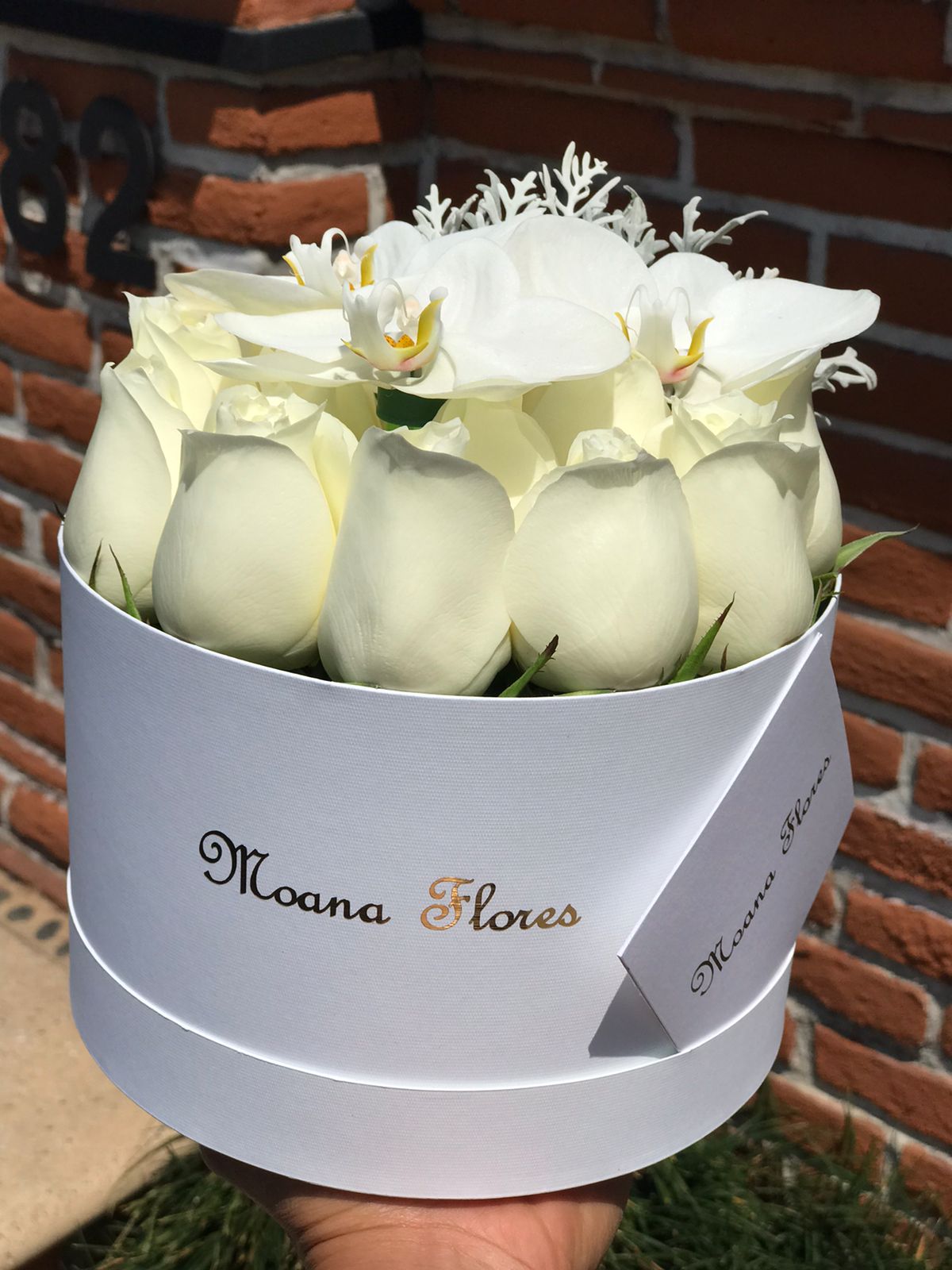 Rosas blancas en caja circular.