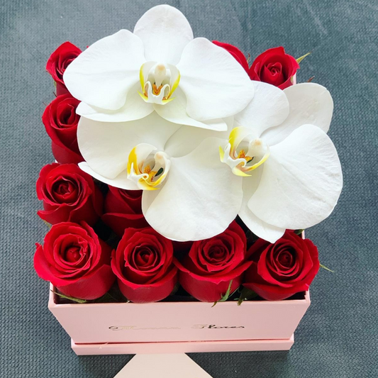 Rosas rojas con orquídeas blancas en caja circular rosa