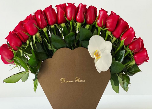 Rosas rojas con follaje y orquídeas blancas
