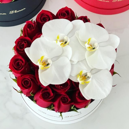 Rosas rojas con orquídeas blancas