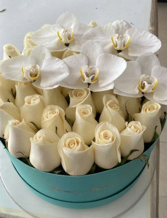 Rosas blancas con orquídeas blancas en caja circular tiffany.
