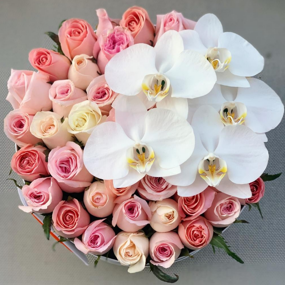 Rosas hermosas, caricia, señorita con orquídeas blancas.