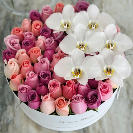 Rosas moradas, caricias, náuticas, hermosas, blancas con orquídeas blancas