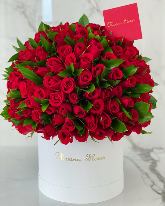 Domo premium rosas rojas con follaje en caja circular alta blanca