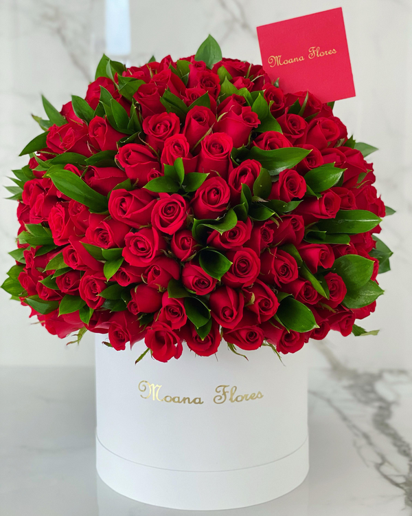 Domo premium rosas rojas con follaje en caja circular alta blanca.