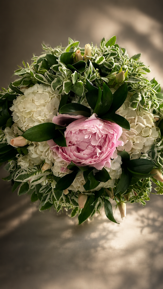 Bouquet de peonia con hortencia y follajes de temporada