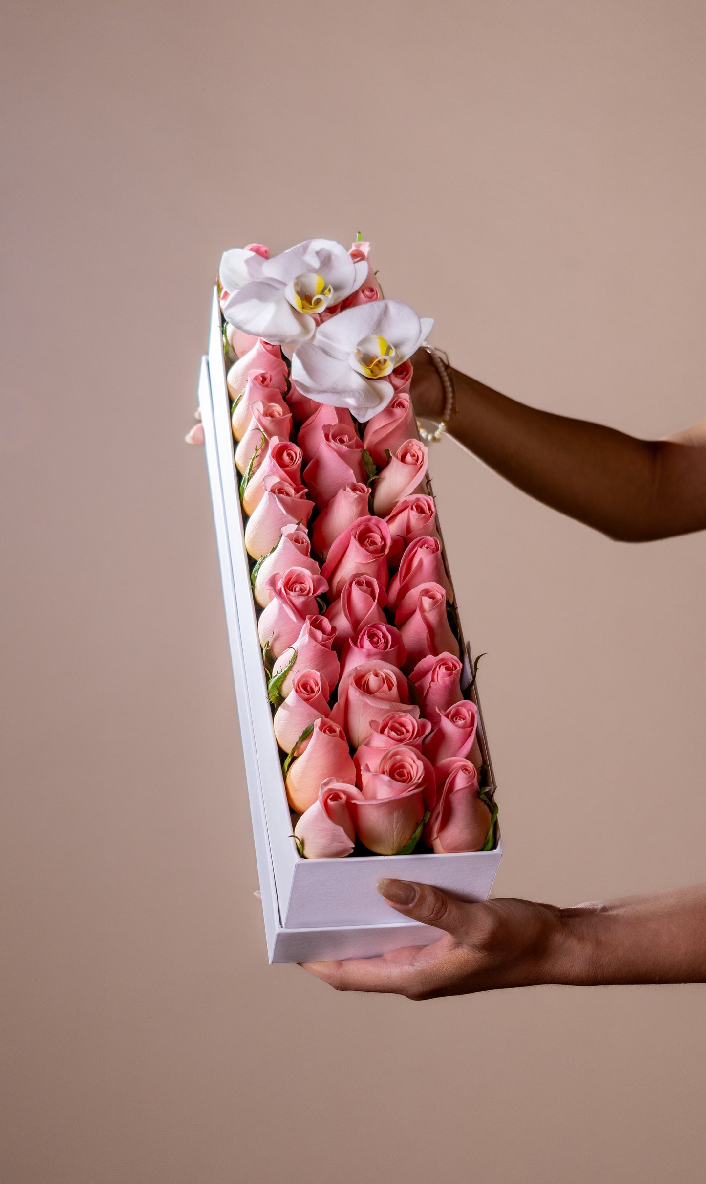 Rosas hermosas en caja rectangular blanca
