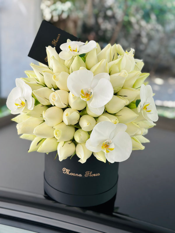 Domo rosas blancas con orquídeas.