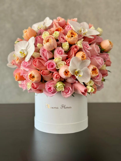 Domo rosas caricia y hermosa, rosas inglesas y orquídeas.