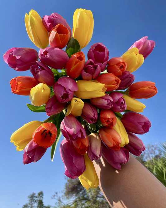 Bouquet tulipanes amarillos, rosas y naranjas