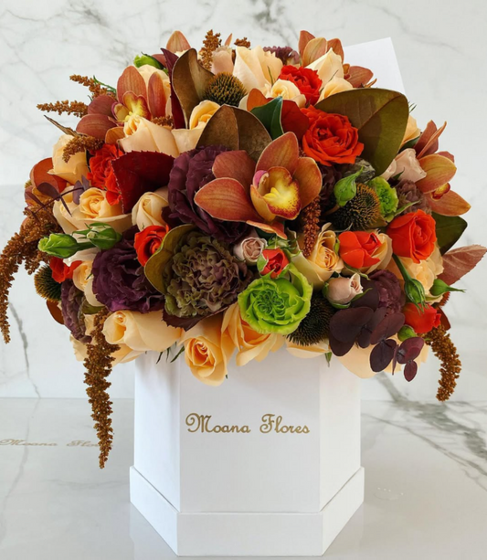 Domo rosas melon, follaje seco, orquídeas